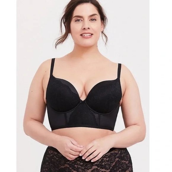 Size 44DDD Torrid Black Microfibre & Lace Push Up Plunge Longline Bra - Picture 1 of 4